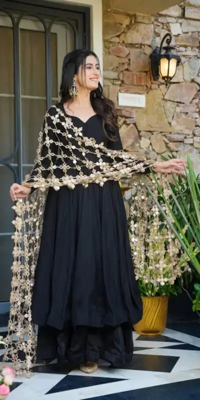 Classic Black Roman Silk Net Mirror Dupatta Gown | Gowns, Bollywood Gowns, Creative Gowns, Designer Gowns, Embroidered Gowns, Party Wear Gowns