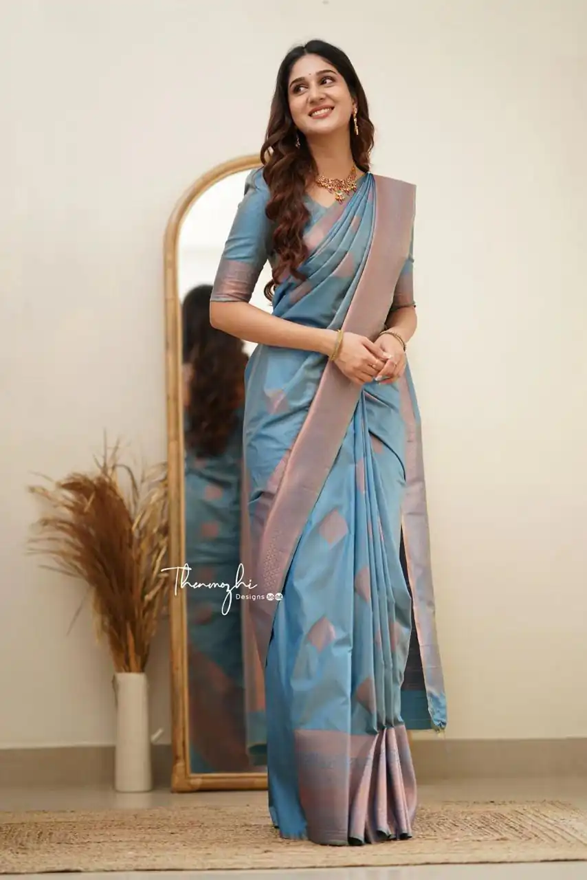 Classic Blue Lichi Silk Jacquard Work Saree | Sarees, Bollywood Sarees, Creative Sarees, Designer Sarees, Embroidered Sarees, Ethnic Saree, Modern Digital sarees, Party Wear Sarees