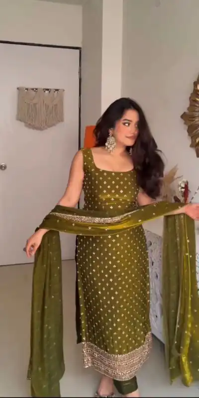 Classic Mehendi Fendy Silk Sequence Work Salwar Suit | Jump Suits, Salwar suit, Casual Suits, Creative suits, Designer Suits, Palazzo Suits, Party Wear Suits, Patiala Suits, Straight Suits
