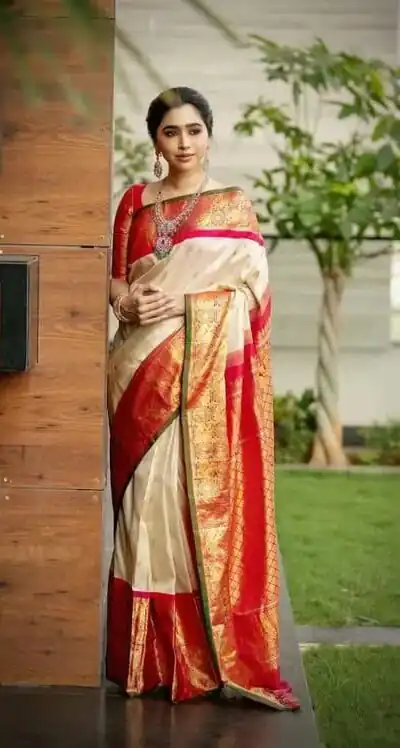Classic Off White Lichi Silk Jacquard Work Saree | Sarees, Bollywood Sarees, Creative Sarees, Designer Sarees, Embroidered Sarees, Ethnic Saree, Modern Digital sarees, Party Wear Sarees