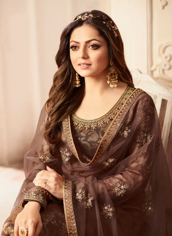 Coffee Jacquard Silk Georgette Diamond Sharara Suit | Jump Suits, Salwar suit, Casual Suits, Creative suits, Designer Suits, Palazzo Suits, Party Wear Suits, Patiala Suits, Straight Suits