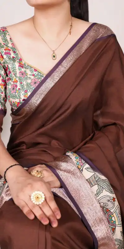 Coffee Tussar Silk With Viscose Border Printed Saree | Sarees, Bollywood Sarees, Creative Sarees, Designer Sarees, Embroidered Sarees, Ethnic Saree, Modern Digital sarees, Party Wear Sarees