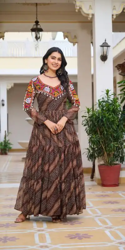 Ram 109 Brown Color Faux Georgette Gown with Mirror Work. Wedding, Party, Festive, Events Get it for βΉ1999. Delivery 4-6 Working Days.Online Shop now. | Gowns, Bollywood Gowns, Creative Gowns, Designer Gowns, Embroidered Gowns, Party Wear Gowns