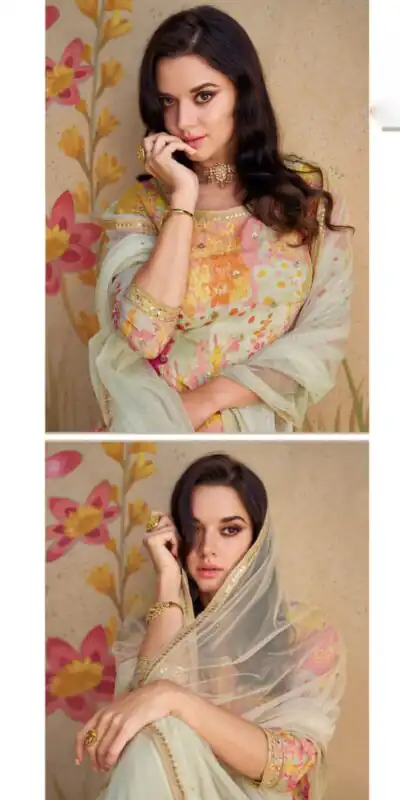 Cream Chinon Printed Embroidery Work Sharara Suit | Jump Suits, Salwar suit, Casual Suits, Creative suits, Designer Suits, Palazzo Suits, Party Wear Suits, Patiala Suits, Straight Suits
