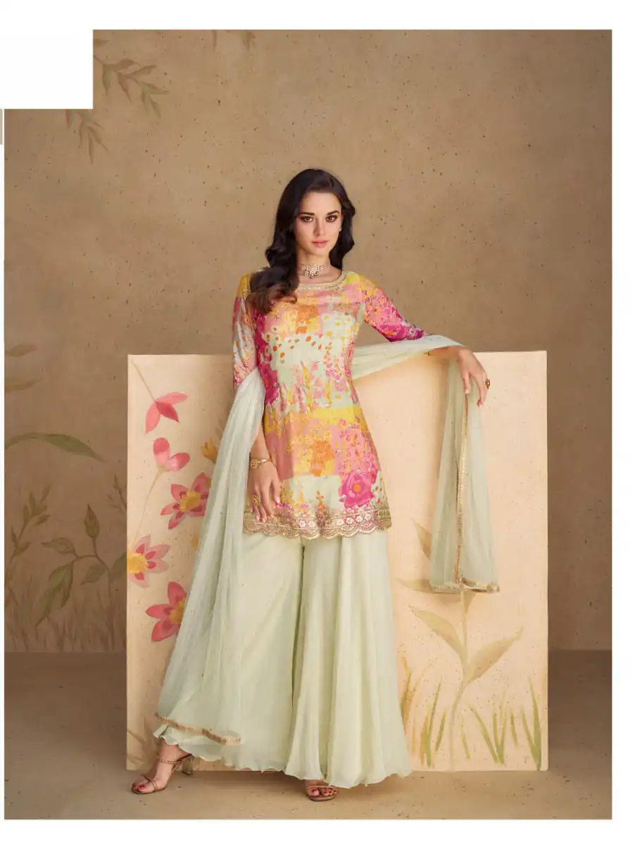 Cream Chinon Printed Embroidery Work Sharara Suit | Jump Suits, Salwar suit, Casual Suits, Creative suits, Designer Suits, Palazzo Suits, Party Wear Suits, Patiala Suits, Straight Suits