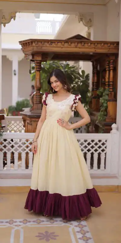 Cream Cotton Sequins Embroidery Work Gown | Gowns, Bollywood Gowns, Creative Gowns, Designer Gowns, Embroidered Gowns, Party Wear Gowns