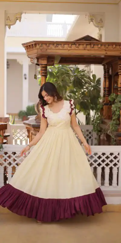 Cream Cotton Sequins Embroidery Work Gown | Gowns, Bollywood Gowns, Creative Gowns, Designer Gowns, Embroidered Gowns, Party Wear Gowns
