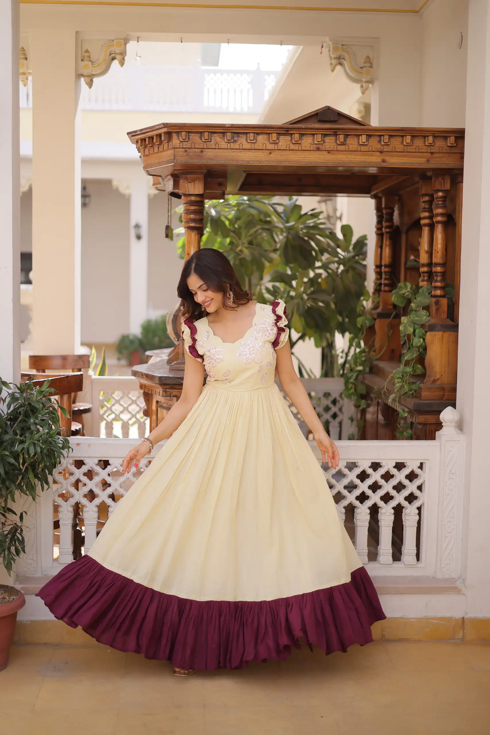 Cream Cotton Sequins Embroidery Work Gown | Gowns, Bollywood Gowns, Creative Gowns, Designer Gowns, Embroidered Gowns, Party Wear Gowns