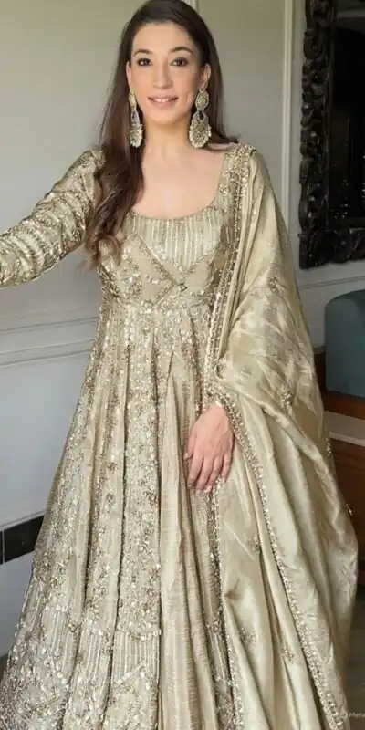 Cream Crunchy Silk Lace Embroidery Work Gown | Gowns, Bollywood Gowns, Creative Gowns, Designer Gowns, Embroidered Gowns, Party Wear Gowns