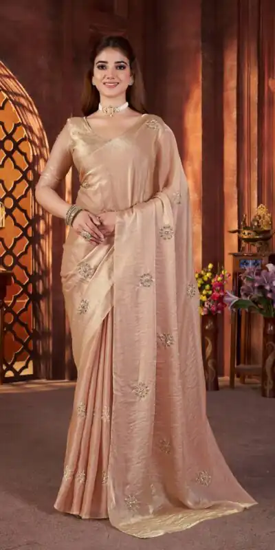 Cream Fandy Satin Silk Bead Work Saree | Sarees, Bollywood Sarees, Creative Sarees, Designer Sarees, Embroidered Sarees, Ethnic Saree, Modern Digital sarees, Party Wear Sarees