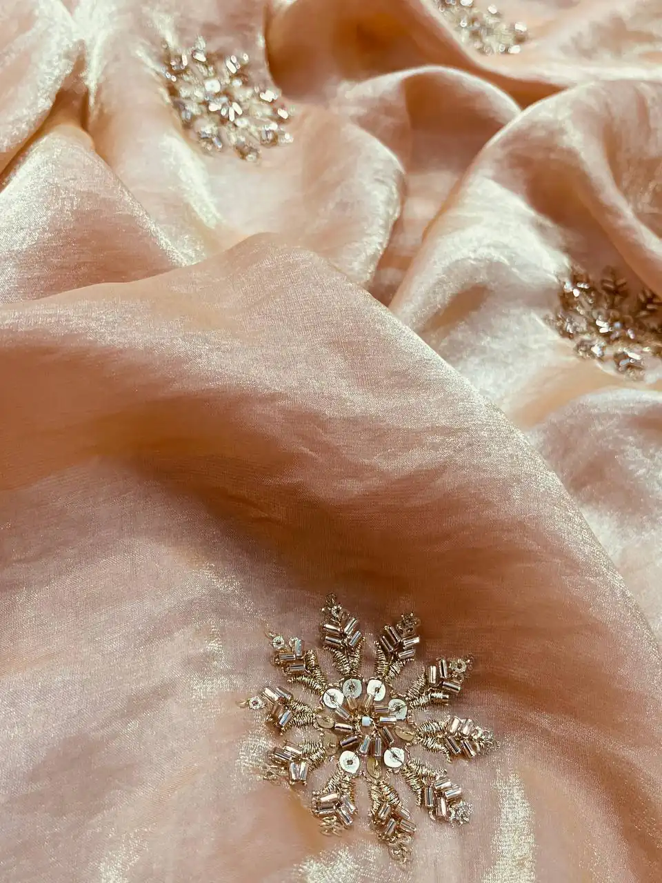 Cream Fandy Satin Silk Bead Work Saree | Sarees, Bollywood Sarees, Creative Sarees, Designer Sarees, Embroidered Sarees, Ethnic Saree, Modern Digital sarees, Party Wear Sarees