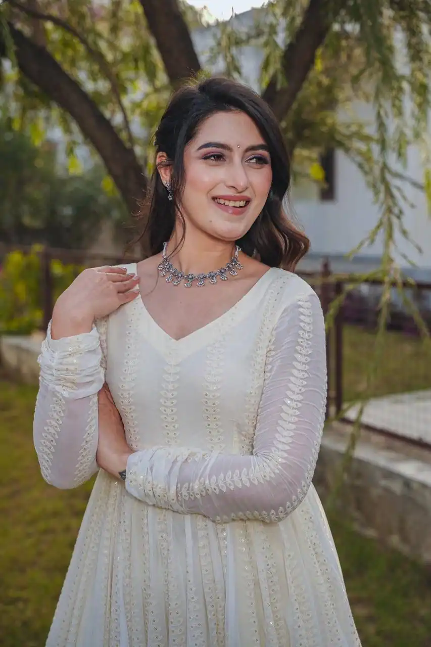Cream Fox Georgette Embroidery Sequence Anarkali Gown | Gowns, Bollywood Gowns, Creative Gowns, Designer Gowns, Embroidered Gowns, Party Wear Gowns, Straight Suits
