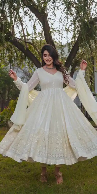 Cream Fox Georgette Embroidery Sequence Anarkali Gown | Gowns, Bollywood Gowns, Creative Gowns, Designer Gowns, Embroidered Gowns, Party Wear Gowns, Straight Suits