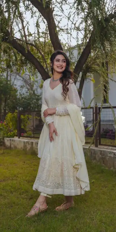 Cream Fox Georgette Embroidery Sequence Anarkali Gown | Gowns, Bollywood Gowns, Creative Gowns, Designer Gowns, Embroidered Gowns, Party Wear Gowns, Straight Suits