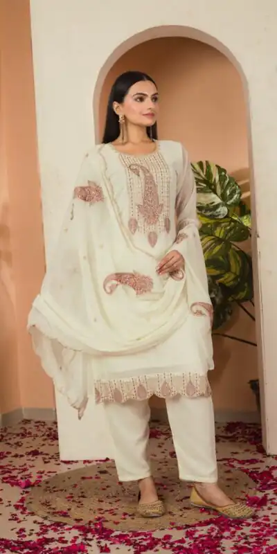 Cream Fox Georgette Embroidery Thread Sequence Salwar Suit | Jump Suits, Salwar suit, Casual Suits, Creative suits, Designer Suits, Palazzo Suits, Party Wear Suits, Patiala Suits, Straight Suits