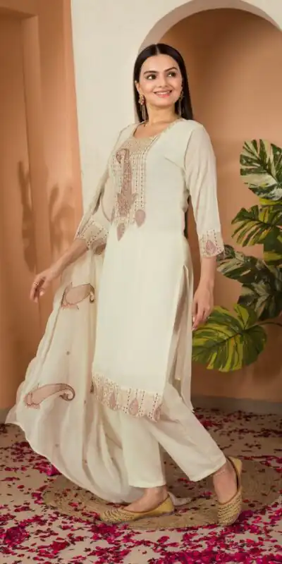 Cream Fox Georgette Embroidery Thread Sequence Salwar Suit | Jump Suits, Salwar suit, Casual Suits, Creative suits, Designer Suits, Palazzo Suits, Party Wear Suits, Patiala Suits, Straight Suits