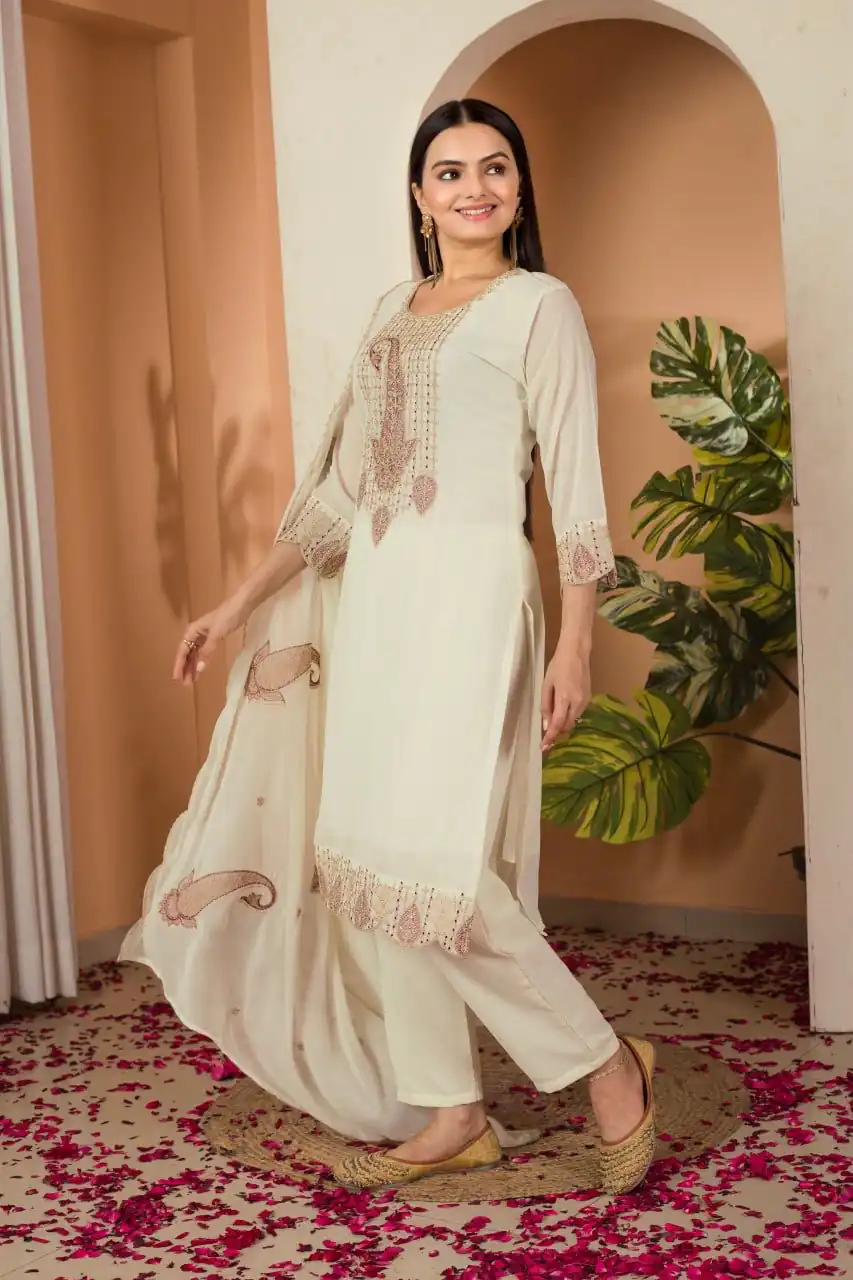 Cream Fox Georgette Embroidery Thread Sequence Salwar Suit | Jump Suits, Salwar suit, Casual Suits, Creative suits, Designer Suits, Palazzo Suits, Party Wear Suits, Patiala Suits, Straight Suits