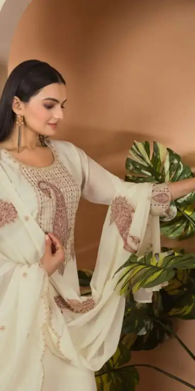Cream Fox Georgette Embroidery Thread Sequence Salwar Suit | Jump Suits, Salwar suit, Casual Suits, Creative suits, Designer Suits, Palazzo Suits, Party Wear Suits, Patiala Suits, Straight Suits