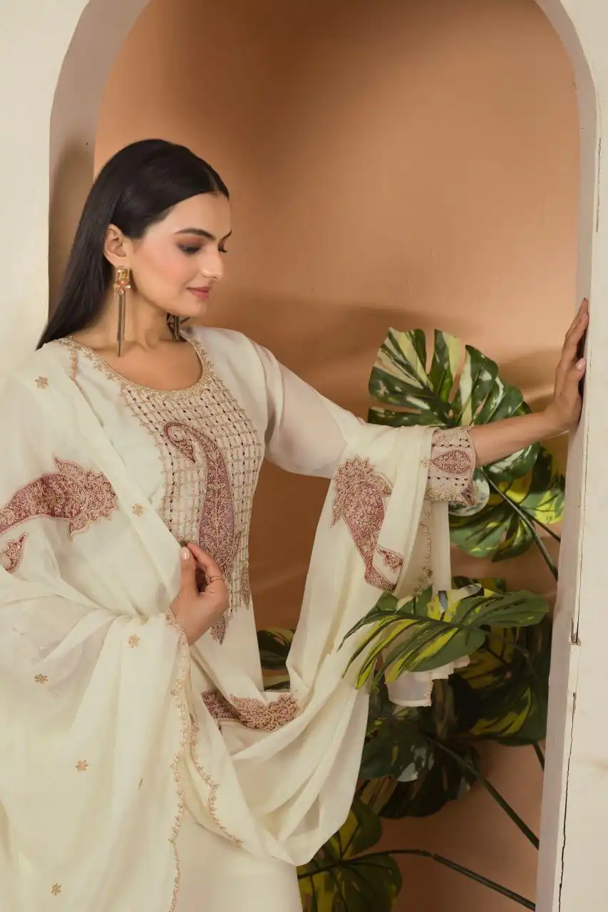 Cream Fox Georgette Embroidery Thread Sequence Salwar Suit | Jump Suits, Salwar suit, Casual Suits, Creative suits, Designer Suits, Palazzo Suits, Party Wear Suits, Patiala Suits, Straight Suits