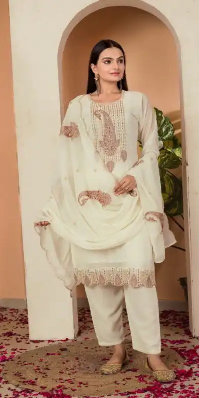 Cream Fox Georgette Embroidery Thread Sequence Salwar Suit | Jump Suits, Salwar suit, Casual Suits, Creative suits, Designer Suits, Palazzo Suits, Party Wear Suits, Patiala Suits, Straight Suits