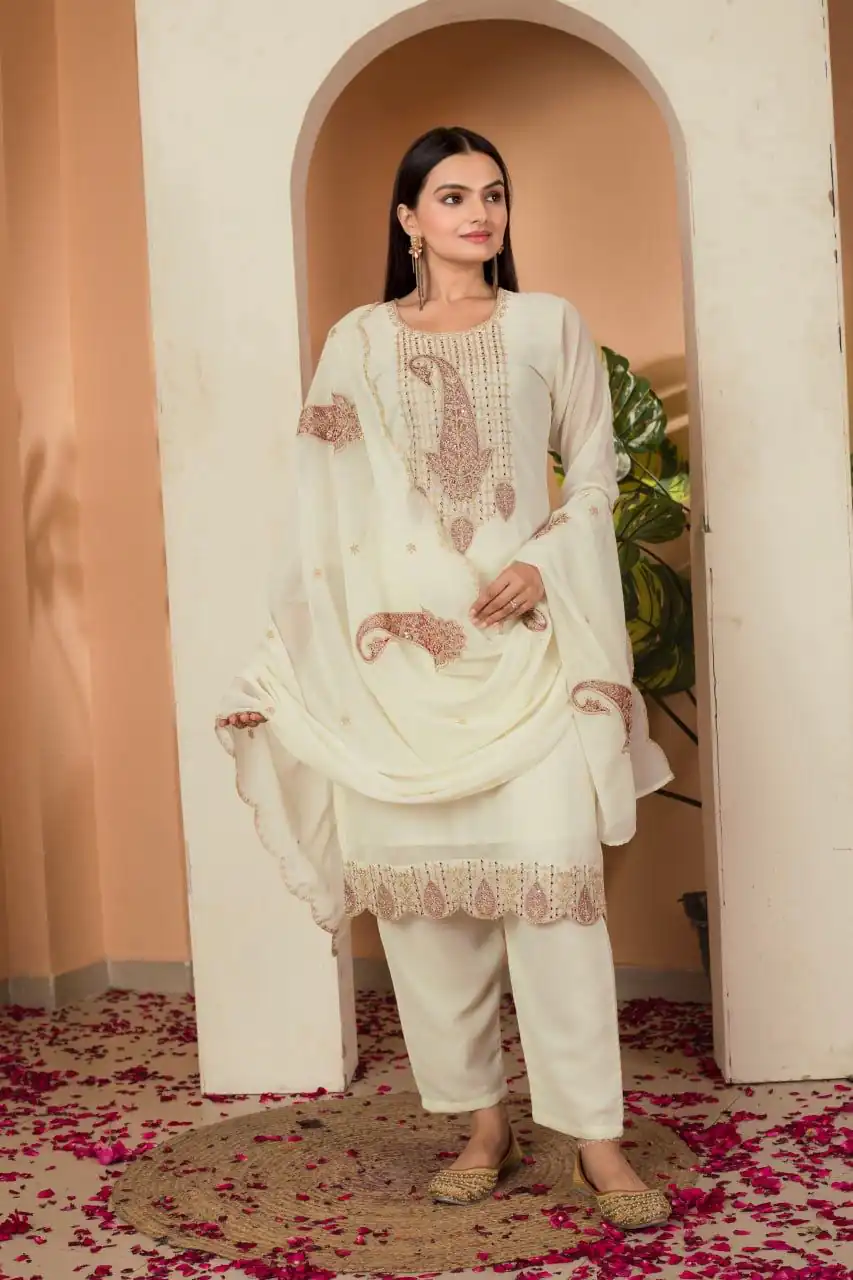 Cream Fox Georgette Embroidery Thread Sequence Salwar Suit | Jump Suits, Salwar suit, Casual Suits, Creative suits, Designer Suits, Palazzo Suits, Party Wear Suits, Patiala Suits, Straight Suits