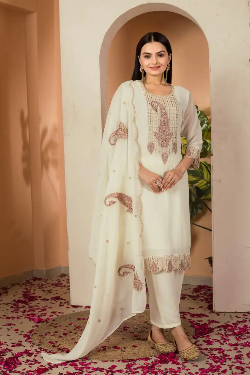 Cream Fox Georgette Embroidery Thread Sequence Salwar Suit | Jump Suits, Salwar suit, Casual Suits, Creative suits, Designer Suits, Palazzo Suits, Party Wear Suits, Patiala Suits, Straight Suits