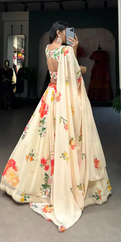 Cream Georgette Floral Printed Lehenga Choli | Lehenga, Bollywood Lehenga, Creative Lehenga, Designer Lehenga, Embroidered Lehenga, Party Wear Lehenga
