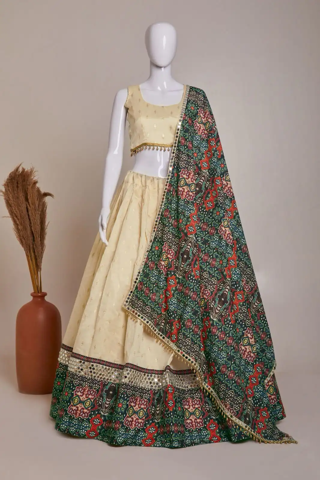Cream Jaccard Silk Embroidery Printed Lehenga Choli | Lehenga, Bollywood Lehenga, Creative Lehenga, Designer Lehenga, Embroidered Lehenga, Party Wear Lehenga