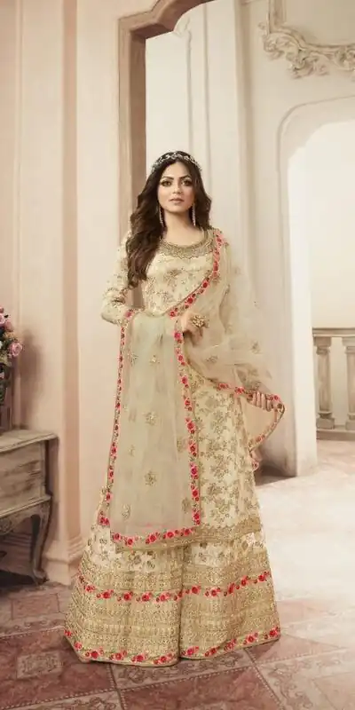 Cream Jacquard Silk Georgette Diamond Sharara Suit | Jump Suits, Salwar suit, Casual Suits, Creative suits, Designer Suits, Palazzo Suits, Party Wear Suits, Patiala Suits, Straight Suits