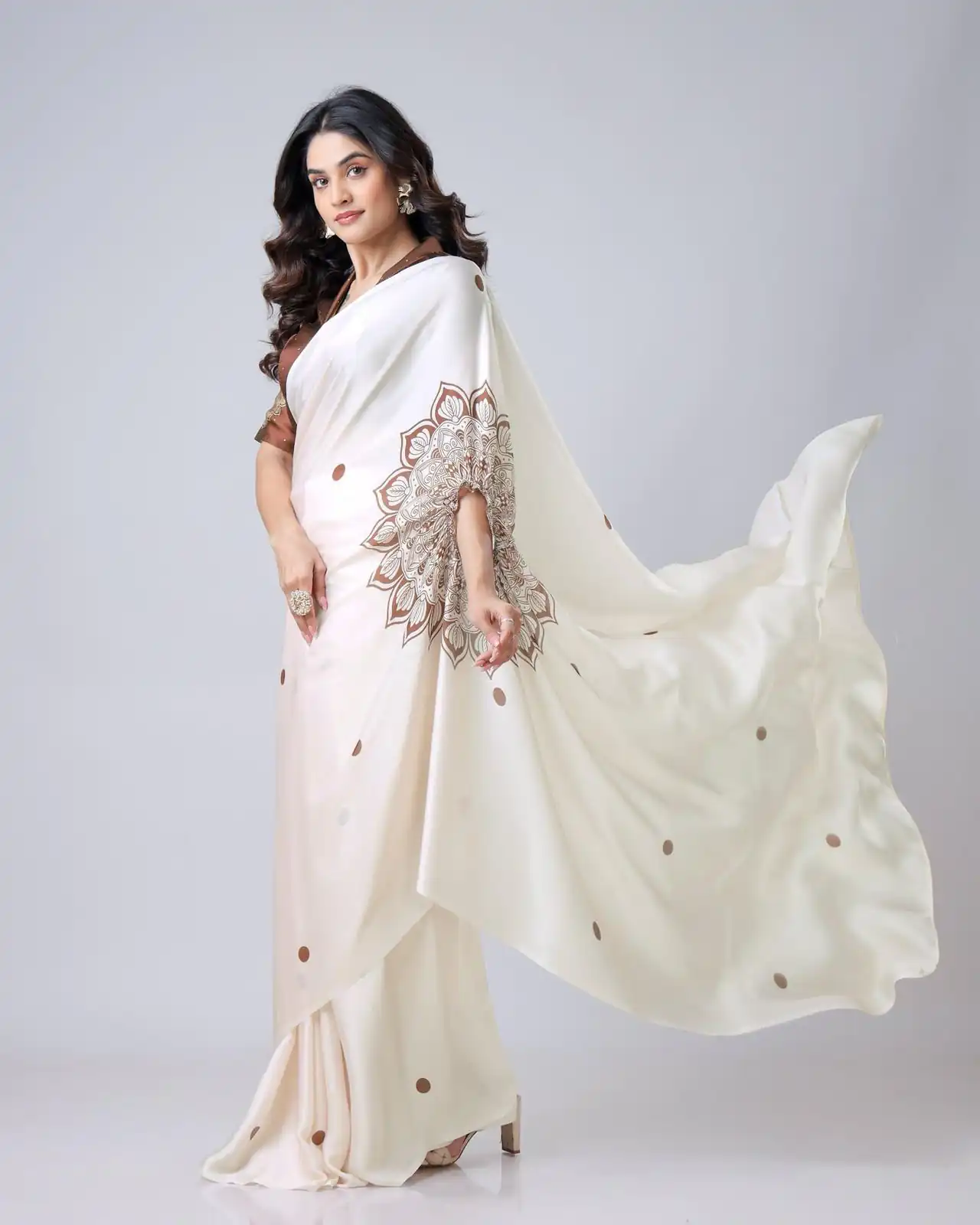 Cream Japan Satin Digital Print Work Saree | Sarees, Bollywood Sarees, Creative Sarees, Designer Sarees, Embroidered Sarees, Ethnic Saree, Modern Digital sarees, Party Wear Sarees