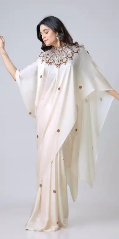 Cream Japan Satin Digital Print Work Saree | Sarees, Bollywood Sarees, Creative Sarees, Designer Sarees, Embroidered Sarees, Ethnic Saree, Modern Digital sarees, Party Wear Sarees