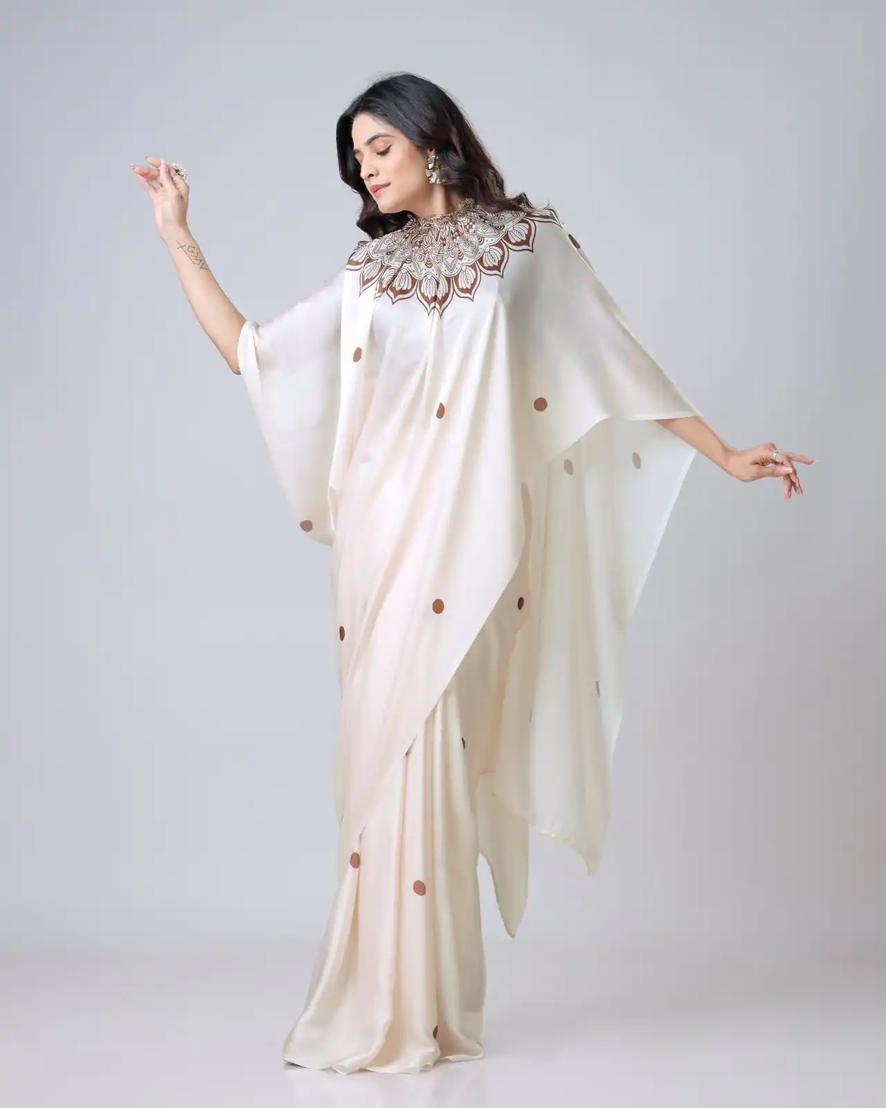 Cream Japan Satin Digital Print Work Saree | Sarees, Bollywood Sarees, Creative Sarees, Designer Sarees, Embroidered Sarees, Ethnic Saree, Modern Digital sarees, Party Wear Sarees