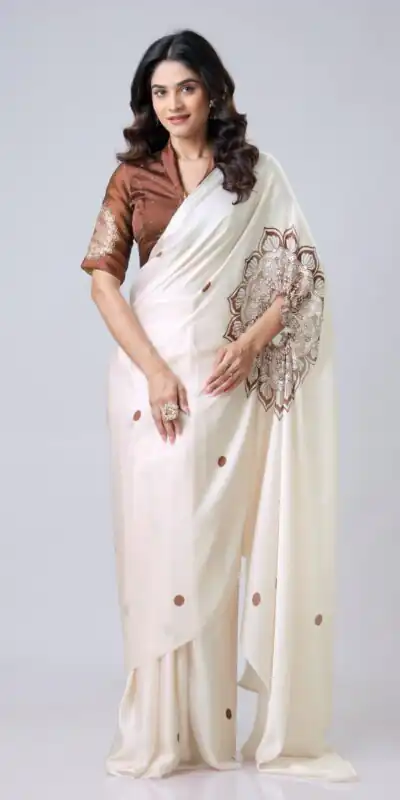 Cream Japan Satin Digital Print Work Saree | Sarees, Bollywood Sarees, Creative Sarees, Designer Sarees, Embroidered Sarees, Ethnic Saree, Modern Digital sarees, Party Wear Sarees