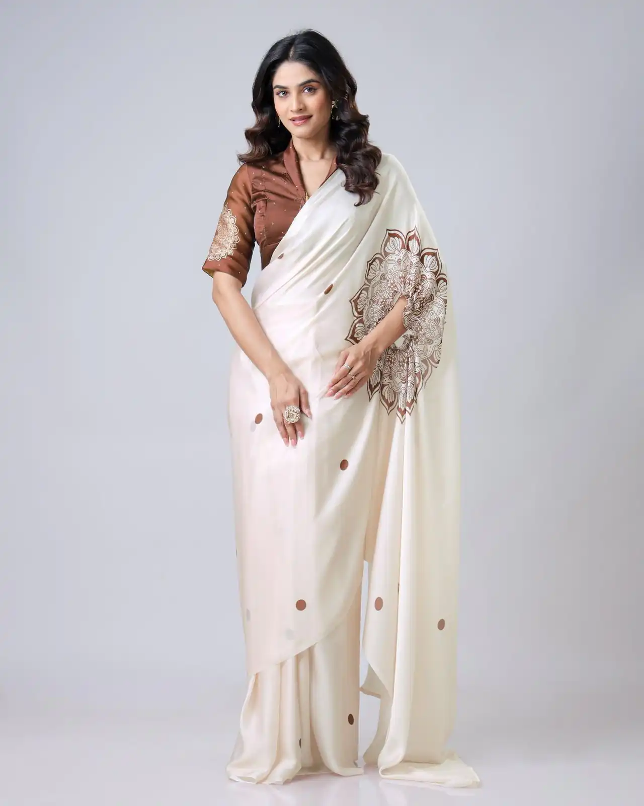 Cream Japan Satin Digital Print Work Saree | Sarees, Bollywood Sarees, Creative Sarees, Designer Sarees, Embroidered Sarees, Ethnic Saree, Modern Digital sarees, Party Wear Sarees