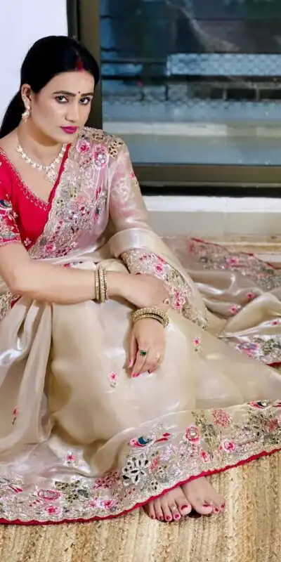 Cream Organza Silk Embroidery Cut Work Saree | Sarees, Bollywood Sarees, Creative Sarees, Designer Sarees, Embroidered Sarees, Ethnic Saree, Modern Digital sarees, Party Wear Sarees