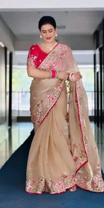 Cream Organza Silk Embroidery Cut Work Saree | Sarees, Bollywood Sarees, Creative Sarees, Designer Sarees, Embroidered Sarees, Ethnic Saree, Modern Digital sarees, Party Wear Sarees