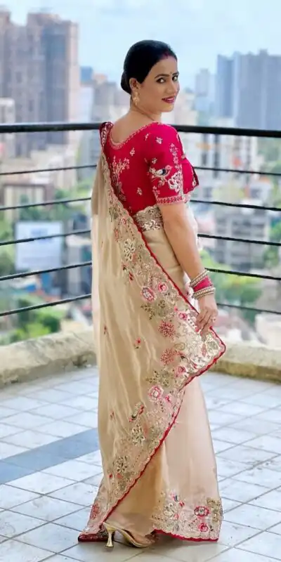 Cream Organza Silk Embroidery Cut Work Saree | Sarees, Bollywood Sarees, Creative Sarees, Designer Sarees, Embroidered Sarees, Ethnic Saree, Modern Digital sarees, Party Wear Sarees