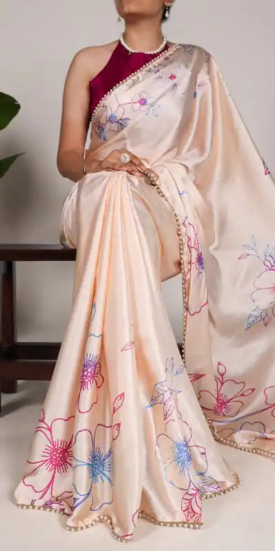Cream Satin Silk Floral Printed Lace Border Work Saree | Sarees, Bollywood Sarees, Creative Sarees, Designer Sarees, Embroidered Sarees, Ethnic Saree, Modern Digital sarees, Party Wear Sarees