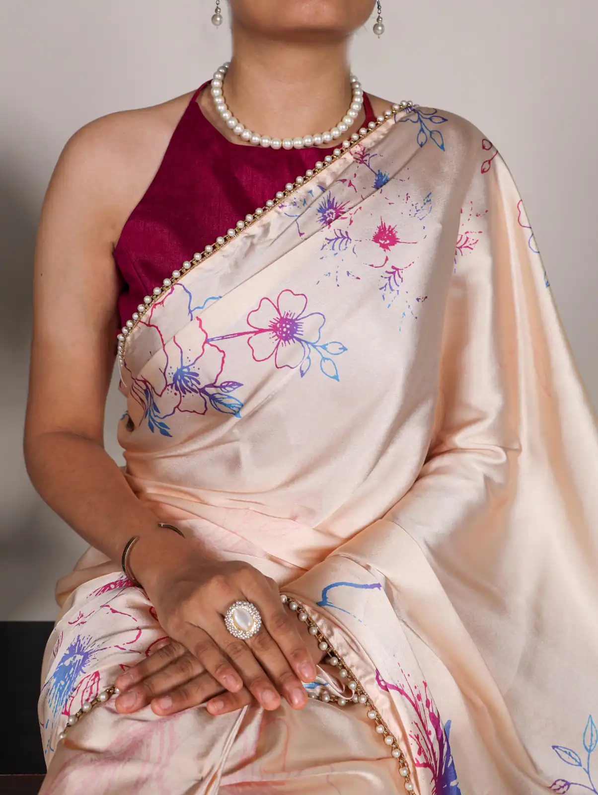 Cream Satin Silk Floral Printed Lace Border Work Saree | Sarees, Bollywood Sarees, Creative Sarees, Designer Sarees, Embroidered Sarees, Ethnic Saree, Modern Digital sarees, Party Wear Sarees