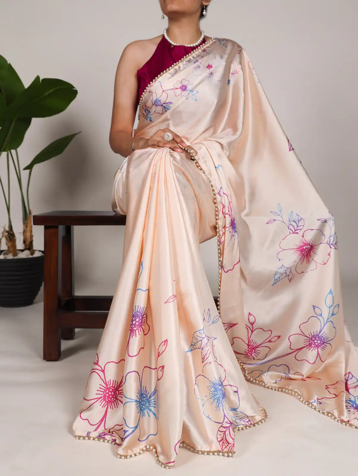 Cream Satin Silk Floral Printed Lace Border Work Saree | Sarees, Bollywood Sarees, Creative Sarees, Designer Sarees, Embroidered Sarees, Ethnic Saree, Modern Digital sarees, Party Wear Sarees