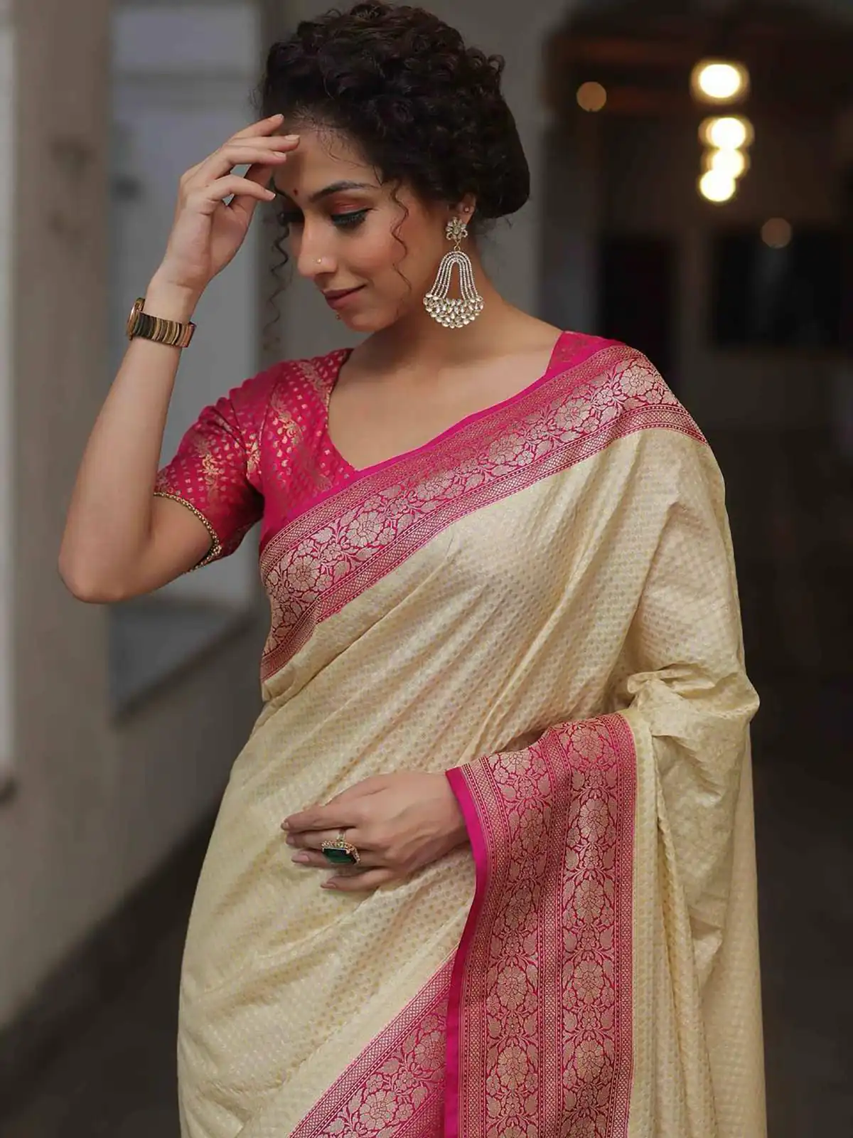 Cream Soft Lichi Silk Jacquard Rich Pallu Saree | Sarees, Bollywood Sarees, Creative Sarees, Designer Sarees, Embroidered Sarees, Ethnic Saree, Modern Digital sarees, Party Wear Sarees