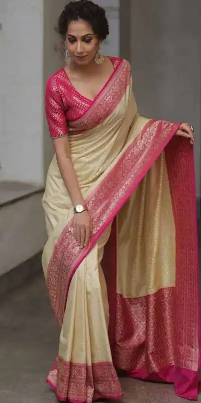 Cream Soft Lichi Silk Jacquard Rich Pallu Saree | Sarees, Bollywood Sarees, Creative Sarees, Designer Sarees, Embroidered Sarees, Ethnic Saree, Modern Digital sarees, Party Wear Sarees