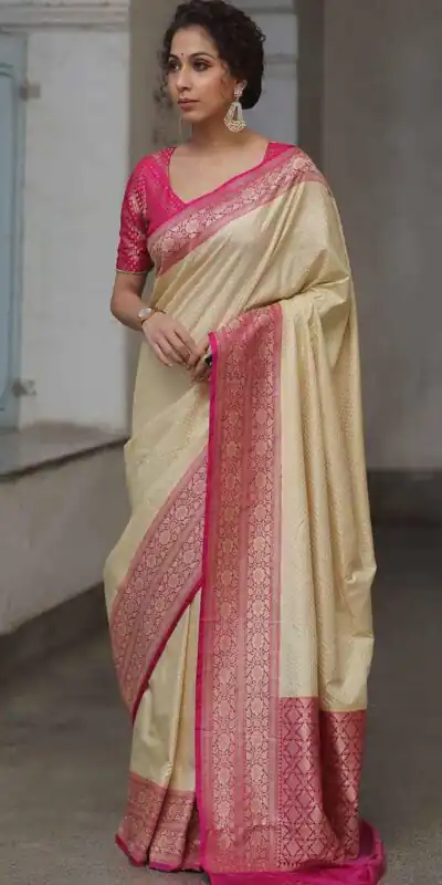 Cream Soft Lichi Silk Jacquard Rich Pallu Saree | Sarees, Bollywood Sarees, Creative Sarees, Designer Sarees, Embroidered Sarees, Ethnic Saree, Modern Digital sarees, Party Wear Sarees