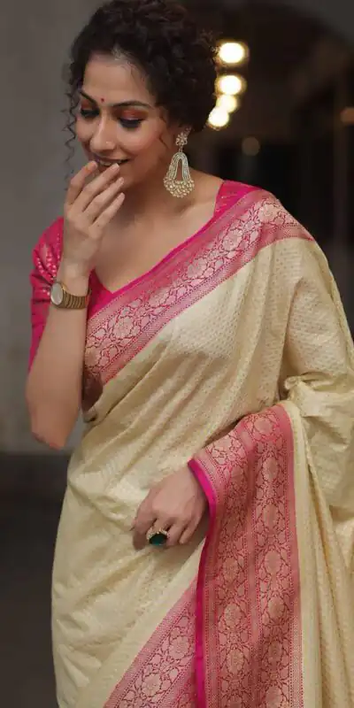 Cream Soft Lichi Silk Jacquard Rich Pallu Saree | Sarees, Bollywood Sarees, Creative Sarees, Designer Sarees, Embroidered Sarees, Ethnic Saree, Modern Digital sarees, Party Wear Sarees