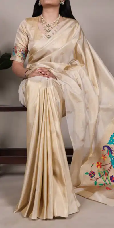 Cream Tissue Paithani With Zari Work Saree | Sarees, Bollywood Sarees, Creative Sarees, Designer Sarees, Embroidered Sarees, Ethnic Saree, Modern Digital sarees, Party Wear Sarees