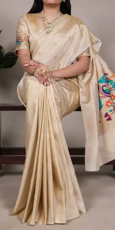 Cream Tissue Paithani With Zari Work Saree | Sarees, Bollywood Sarees, Creative Sarees, Designer Sarees, Embroidered Sarees, Ethnic Saree, Modern Digital sarees, Party Wear Sarees