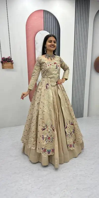 Cream Vichitra Sequence Work Lehenga Choli | Lehenga, Bollywood Lehenga, Creative Lehenga, Designer Lehenga, Embroidered Lehenga, Party Wear Lehenga