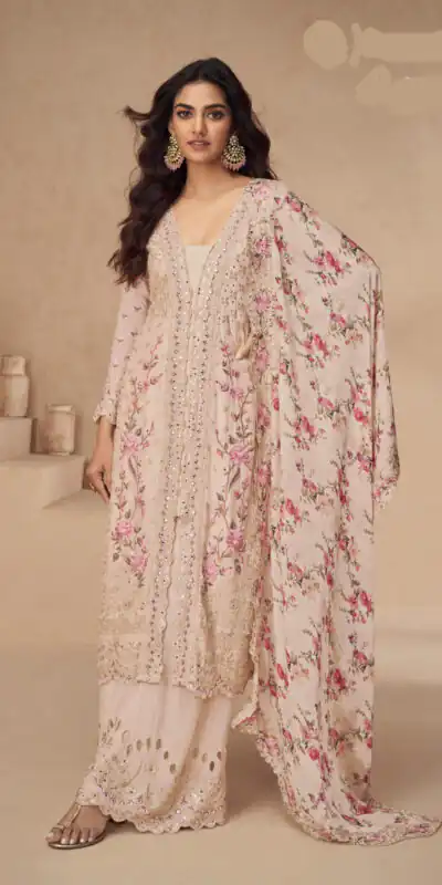 Cream Vichitra Sequence Work Salwar Suit | Jump Suits, Salwar suit, Casual Suits, Creative suits, Designer Suits, Palazzo Suits, Party Wear Suits, Patiala Suits, Straight Suits