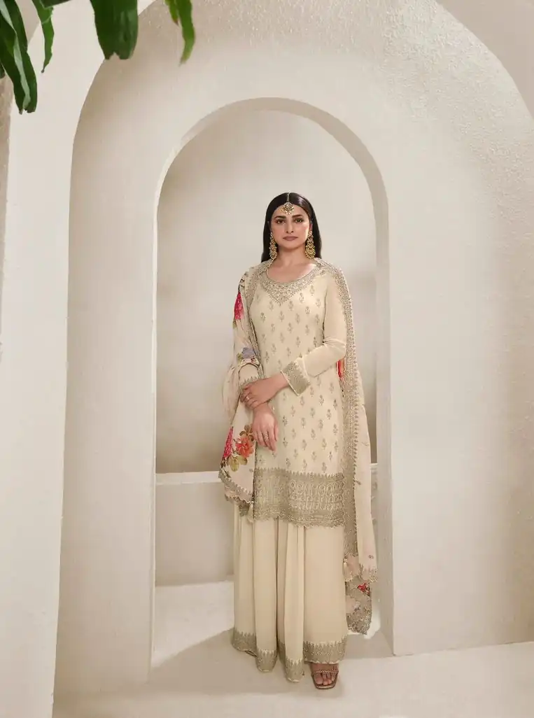Cream Viscose Chinon Embroidered Sequence Salwar Suit | Salwar suit, Casual Suits, Creative suits, Designer Suits, Palazzo Suits, Party Wear Suits, Patiala Suits, Straight Suits