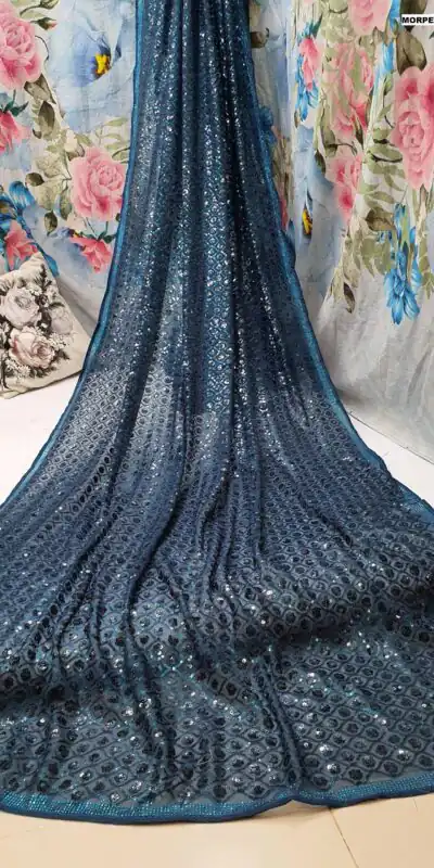 Dark Blue Georgette Dual Sequins Embroidery Sequins Work Saree | Sarees, Bollywood Sarees, Creative Sarees, Designer Sarees, Embroidered Sarees, Ethnic Saree, Modern Digital sarees, Party Wear Sarees